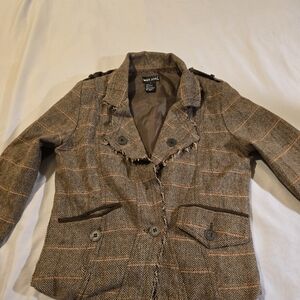 Wet Seal Brown Herringbone Tweed Blazer Jacket Small - Frayed Edges